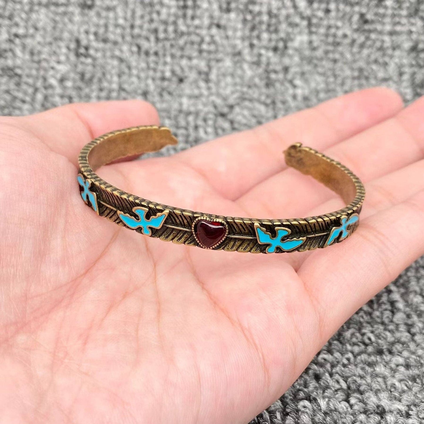 Vintage Red Heart Enamel Bird Bronze Adjustable Cuff