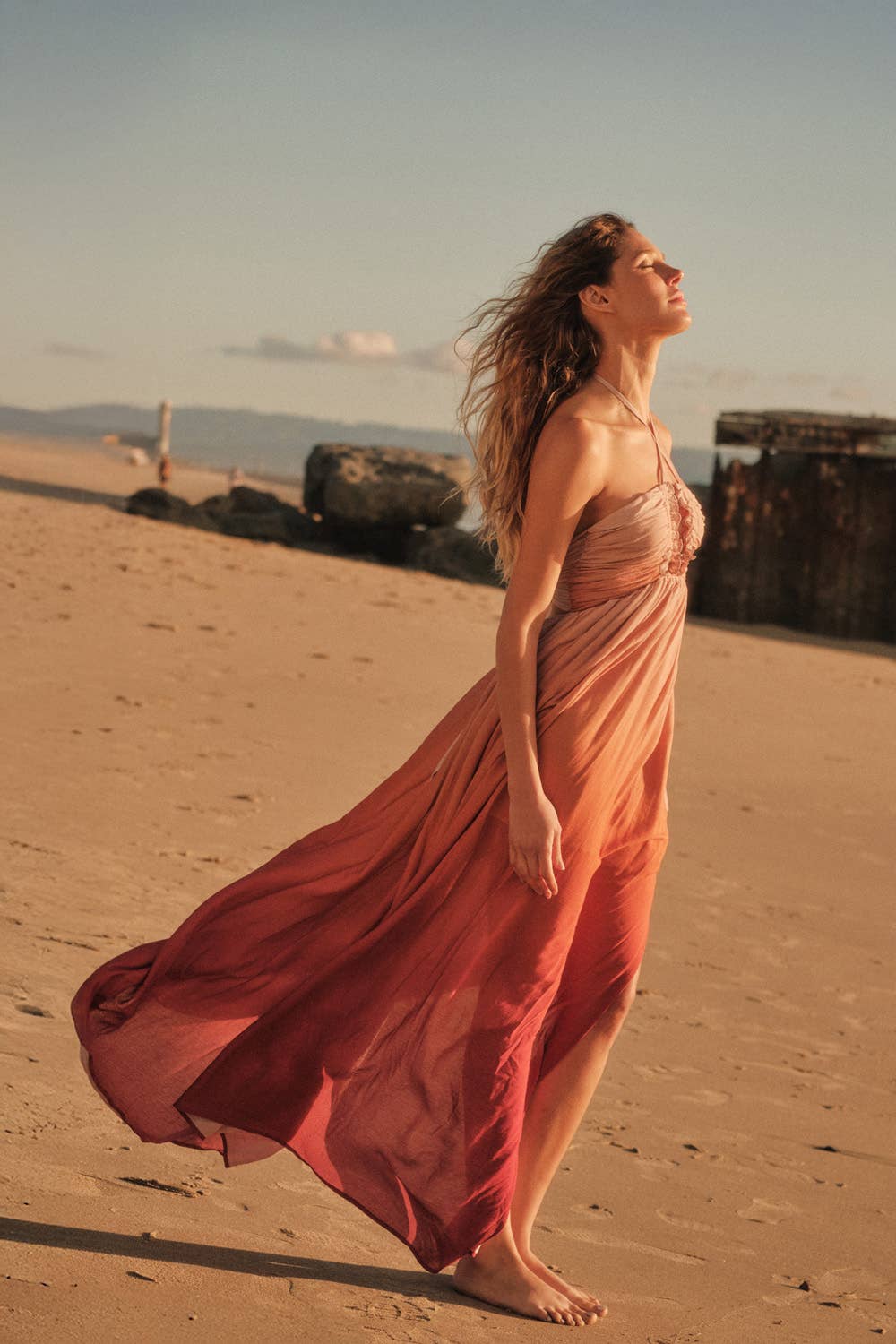 Ombre Crepe Tie-Back Halter Pocket Maxi Dress