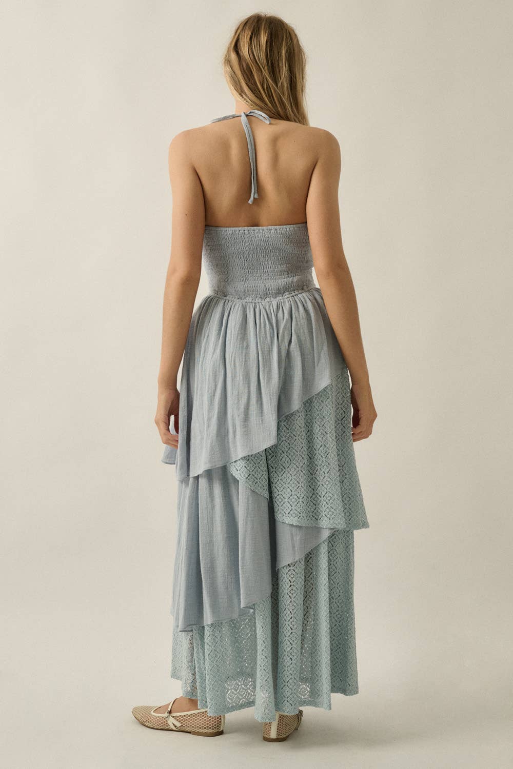 Cotton Gauze and Lace Asymmetrical Tiered Halter Maxi Dress