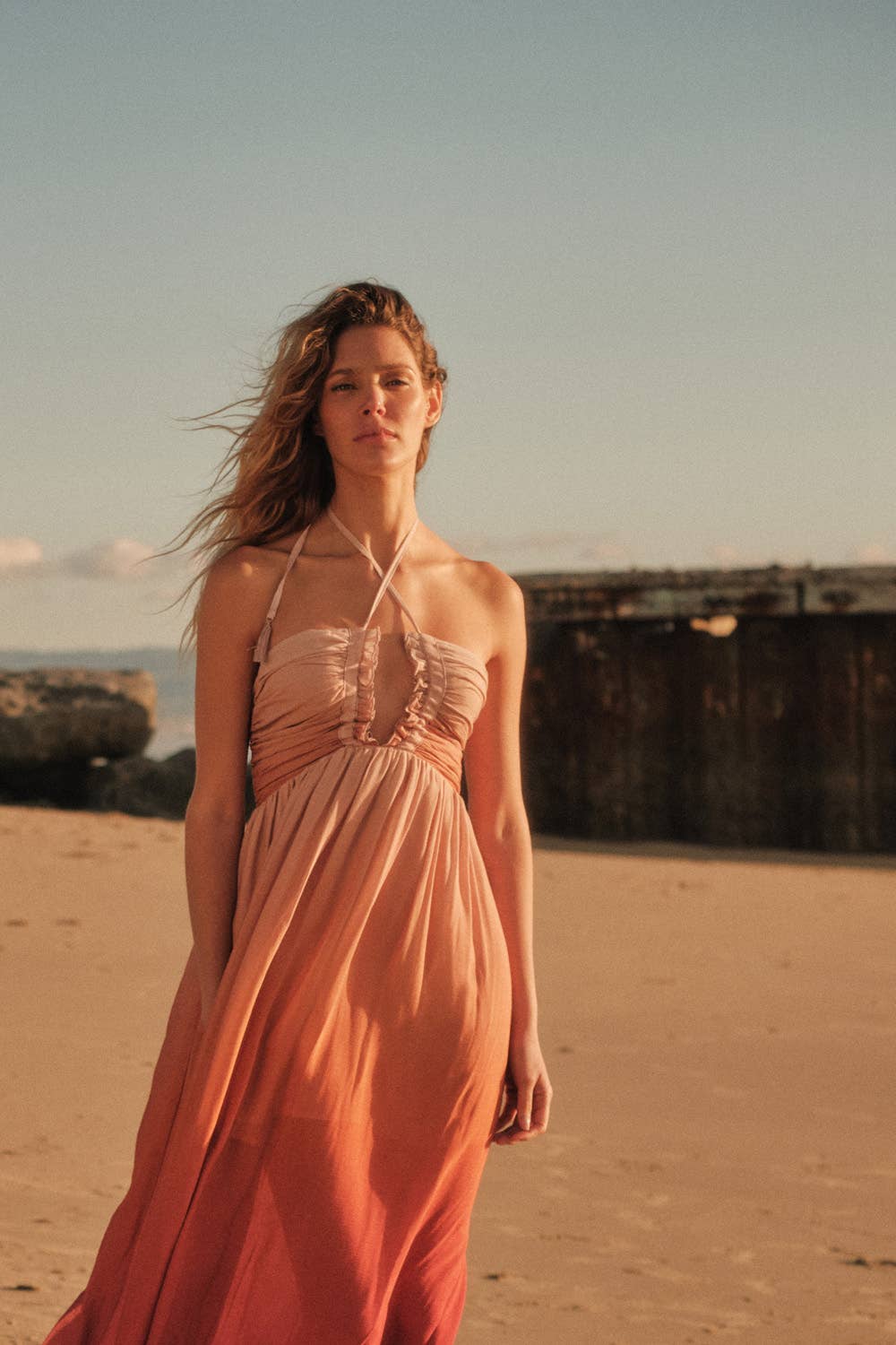 Ombre Crepe Tie-Back Halter Pocket Maxi Dress