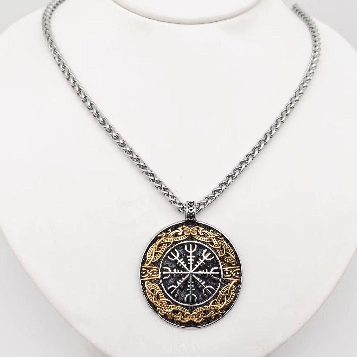 Stainless Steel Viking Rune Compass Pendant Necklace