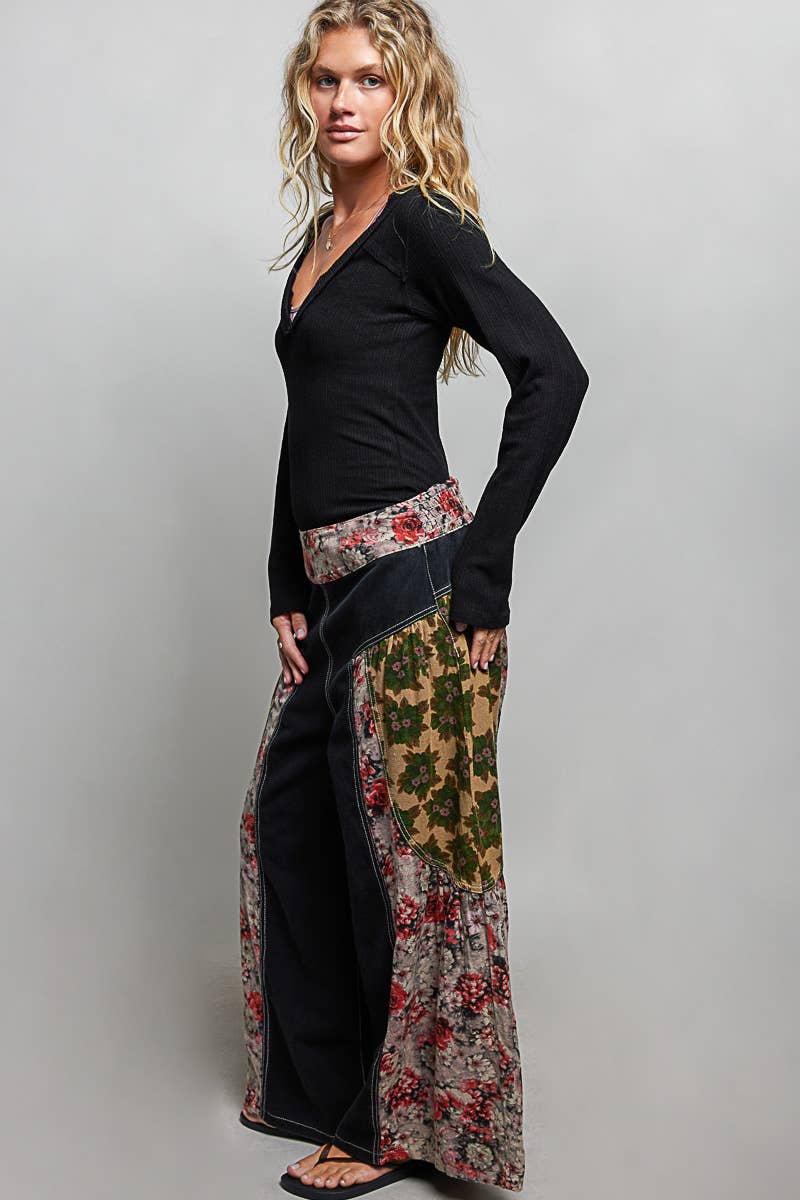 Vintage Washing Floral High Rise Wide Leg Twill Pants