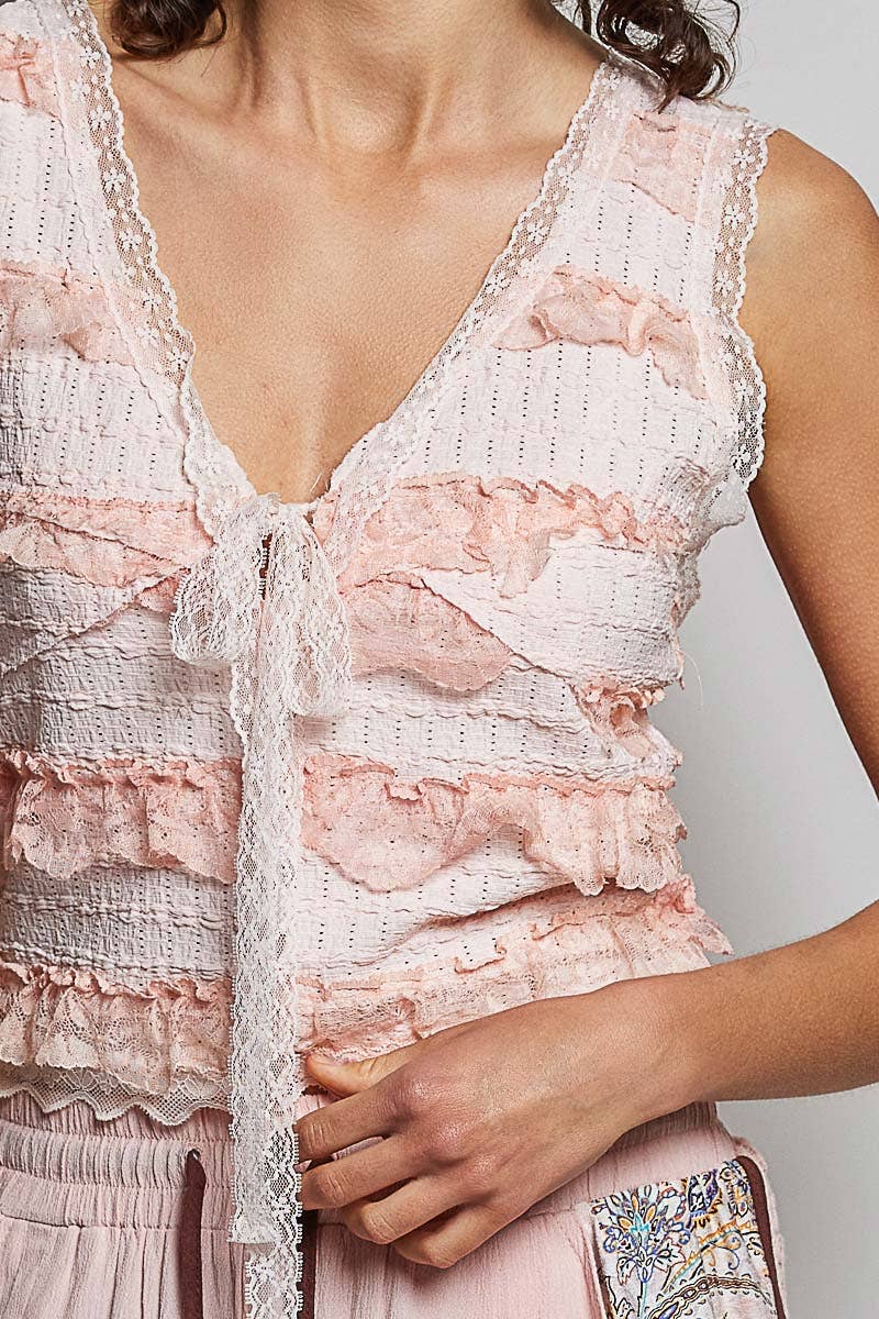 V-neck Sleeveless Cropped Woven Lace Top