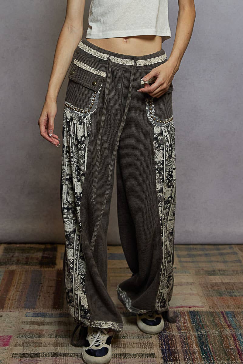 Elastic band floral print patch stud detail jogger pants: Pink or Sage
