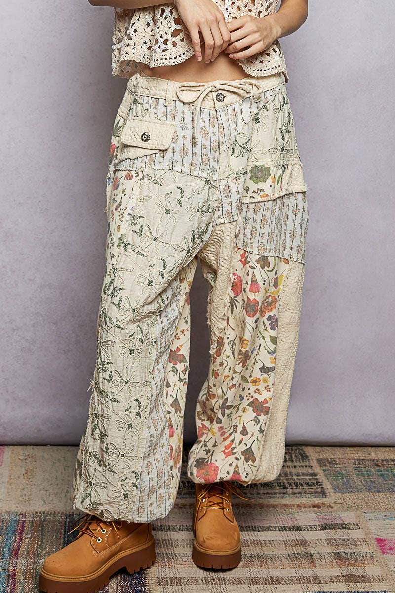 Jacquard Floral Twill Patch Waist Loop Jogger Pants