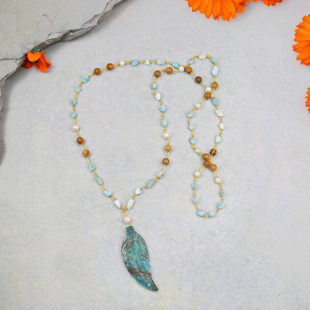 Larimar & Ocean Jasper Necklace with Feather Pendant