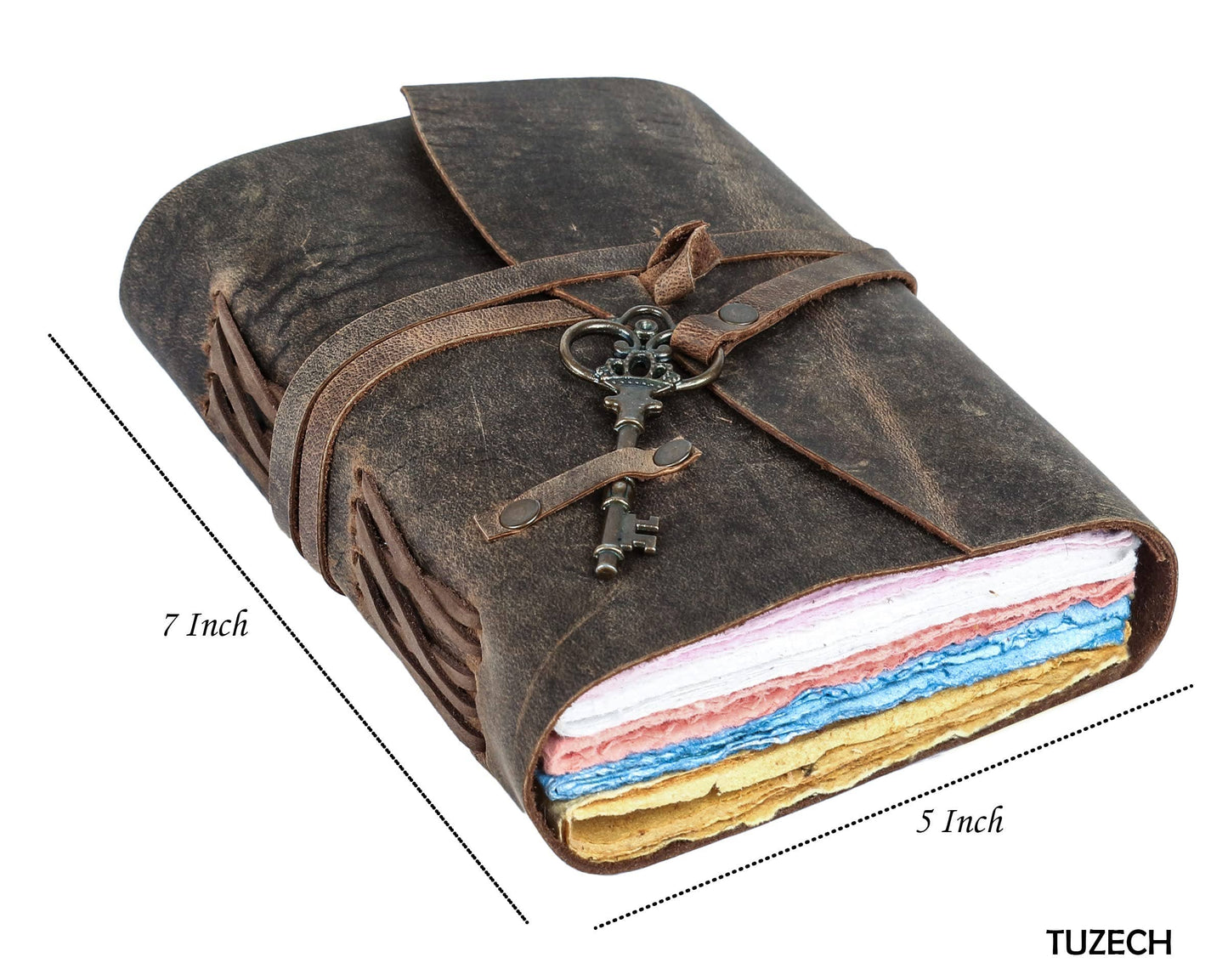 Tuzech Leather Journal for Women Men Gift With Deckle Edge Paper , Leather Scrapbook, Book of Shadows, Vintage Journal, Old Books, Grimoire, Antique Drawing Sketchbook Colourful Paper 7 by 5 Inches
