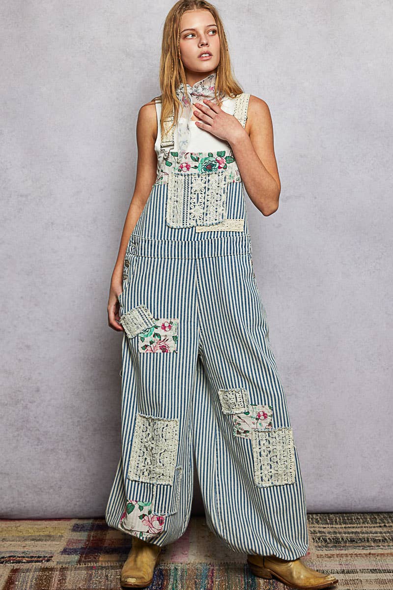 Printed Lace Patch Trim Strap Relaxed Fit Jogger Overall