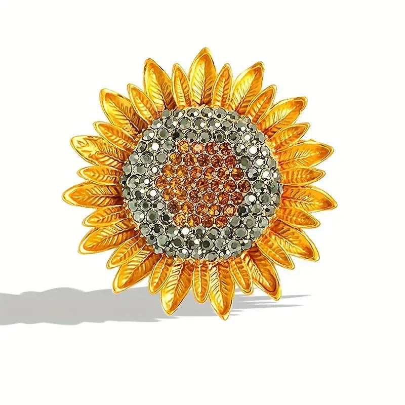 Vibrant Sunflower Brooch, Rhinestones, Elegant 1.5"