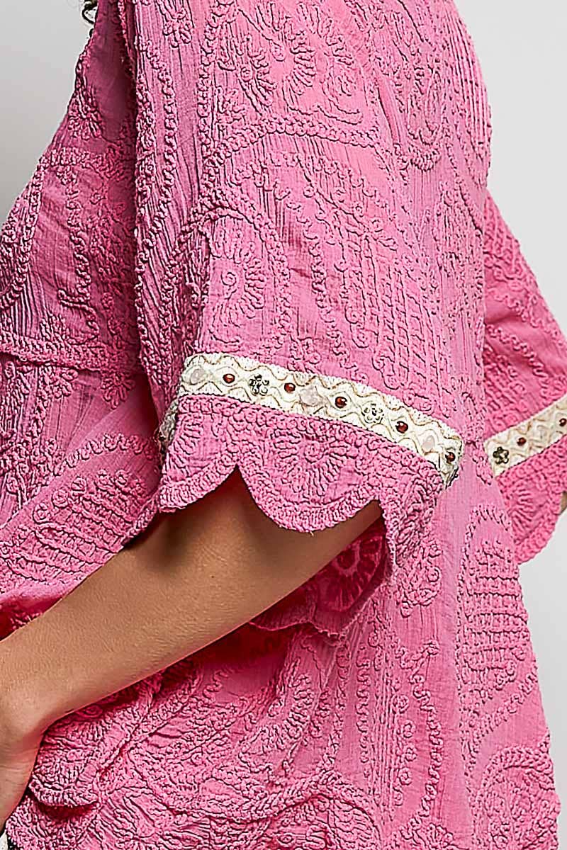 Short Sleeve Adjustable Drawstring Crochet V Neck Top