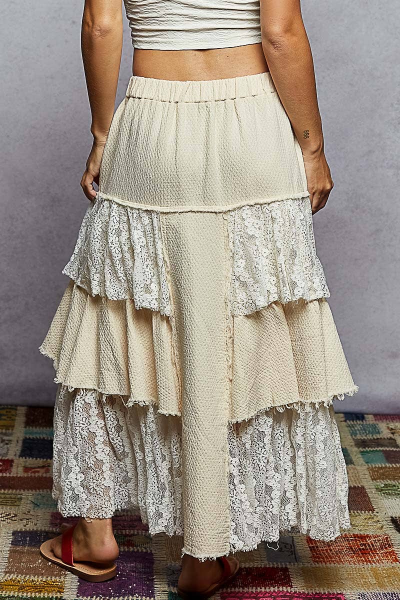 Vintage Double Gauze Lace Ruffle Floral Skirts: Natural, Latte