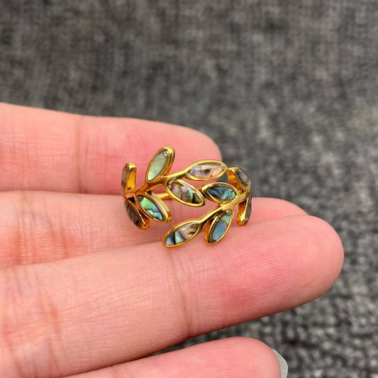 Abalone Shell Leaf Shape 18K Gold Plated S.Steel Ring