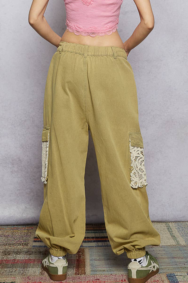 Vintage Wash Crochet Patches Distress Jogger Pants CAMO
