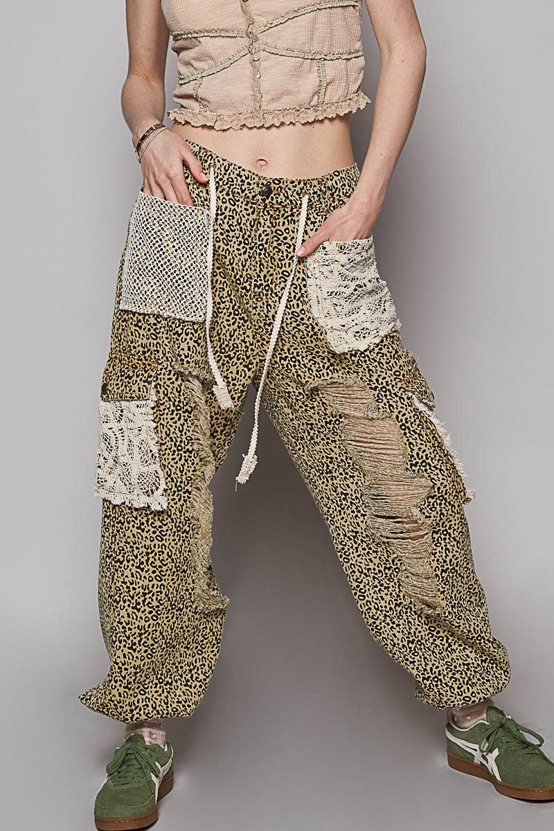 Vintage Wash Crochet Patches Distress Jogger Pants CAMO
