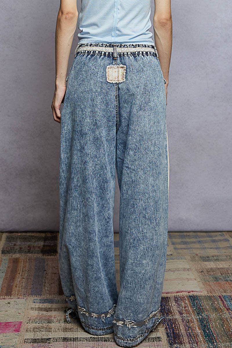 Elastic band floral print patch stud detail jogger pants: Pink or Sage