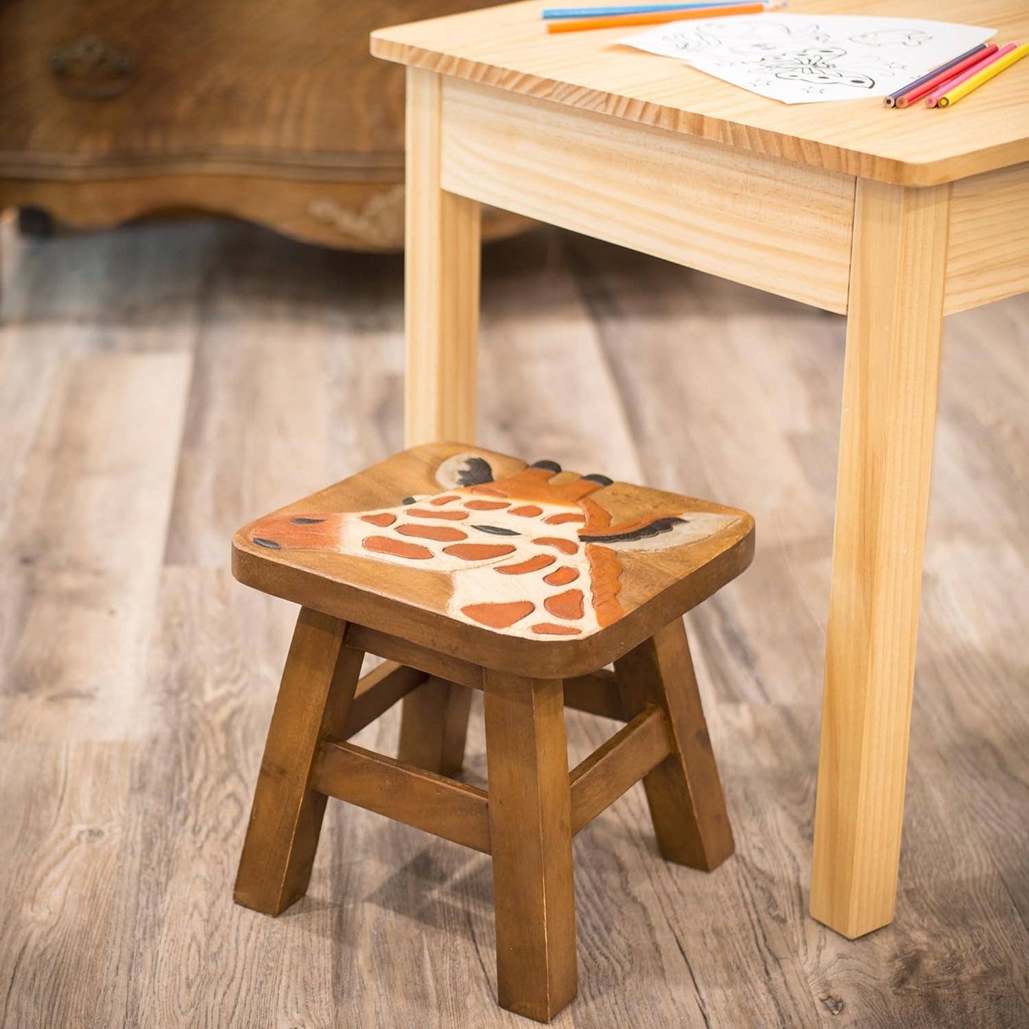 Wood Stool With Giraffe Design Hand Painted Home Decor