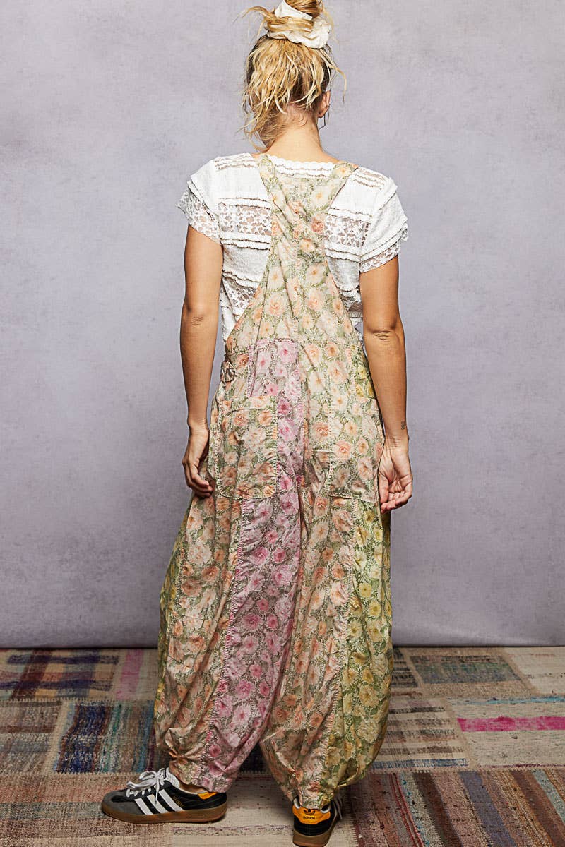 Boho Floral Print Lace Trim Woven Front Zip Overall