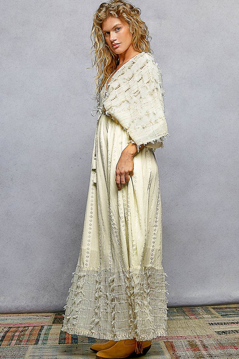 V-neck Metal Button Down Textured Linen Solid Maxi Dress