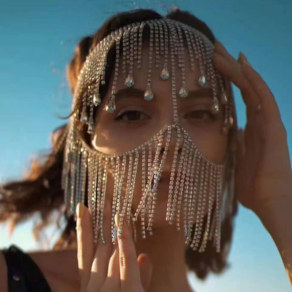 Rhinestone Fringe Mask Headpiece