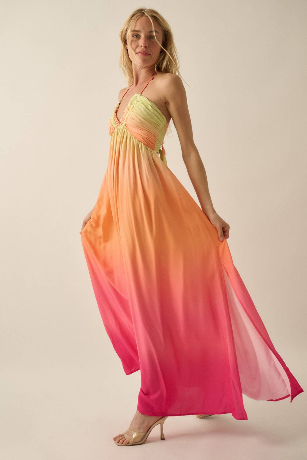 Ombre Crepe Tie-Back Halter Pocket Maxi Dress