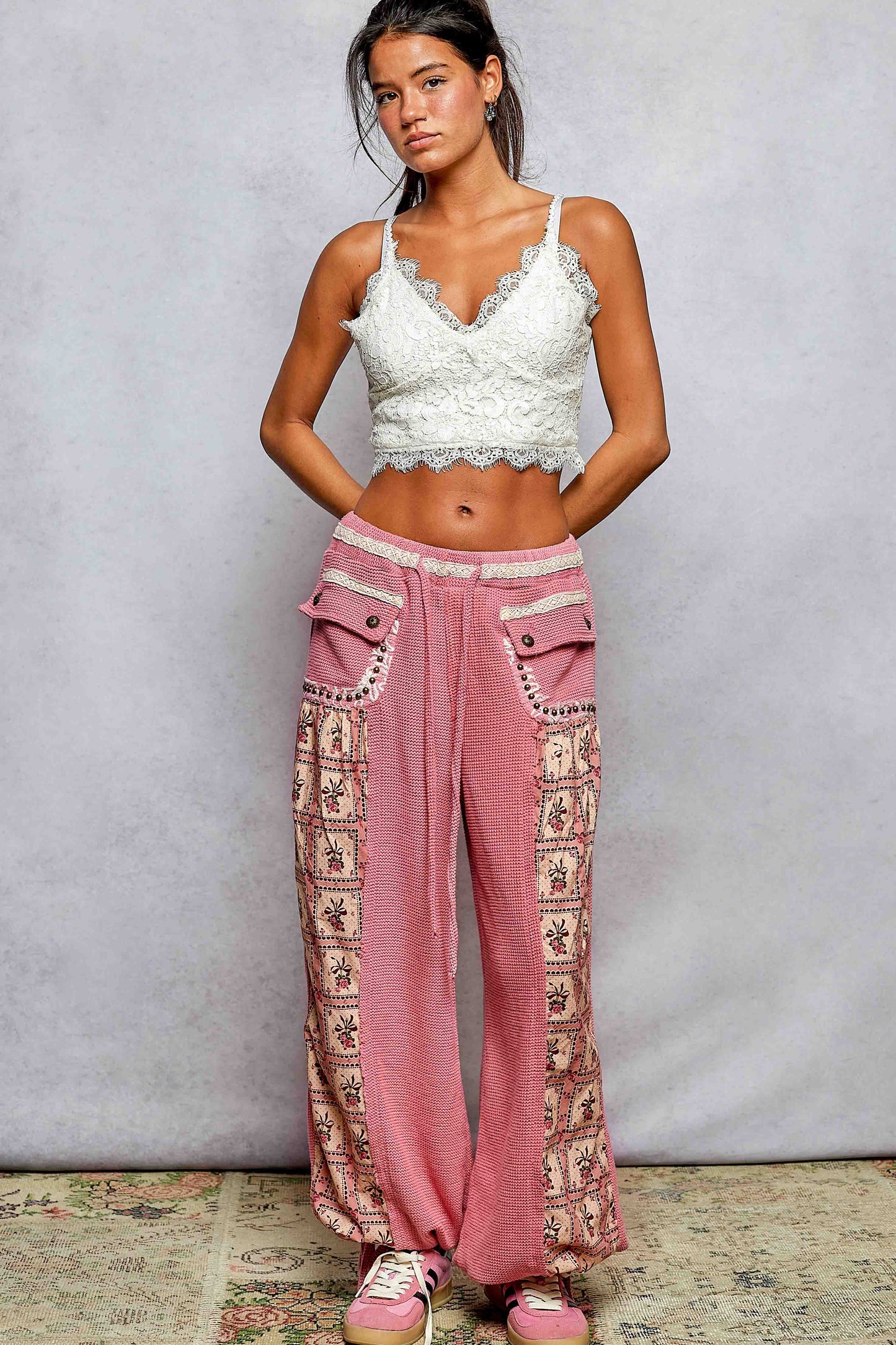 Elastic band floral print patch stud detail jogger pants: Pink or Sage