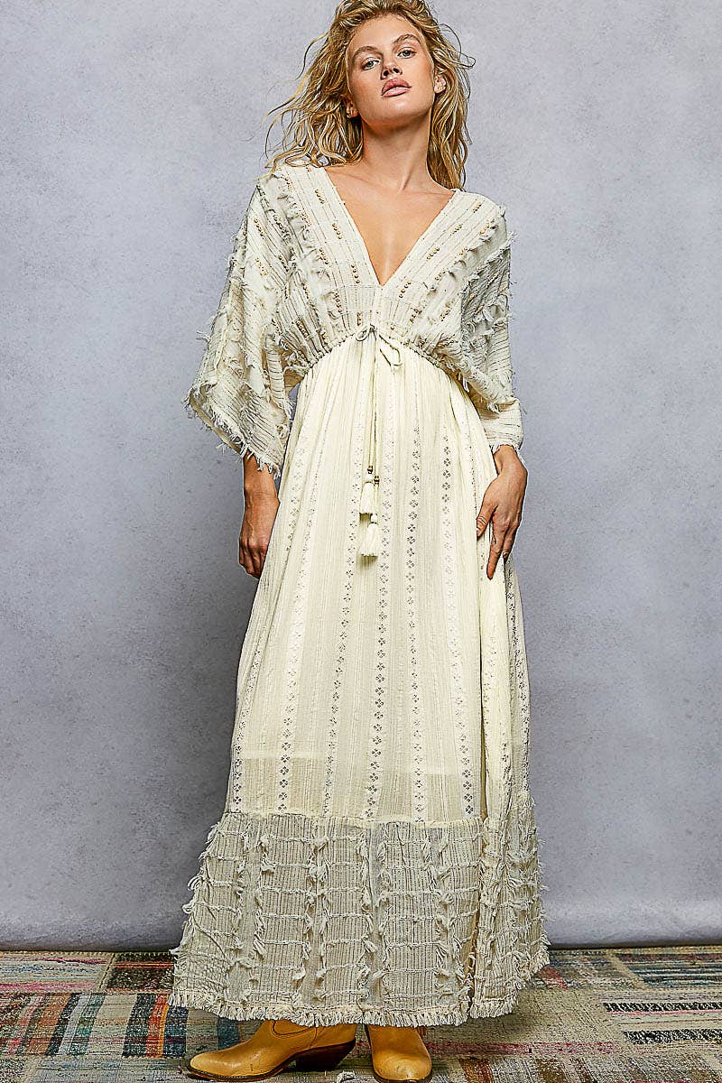 V-neck Metal Button Down Textured Linen Solid Maxi Dress