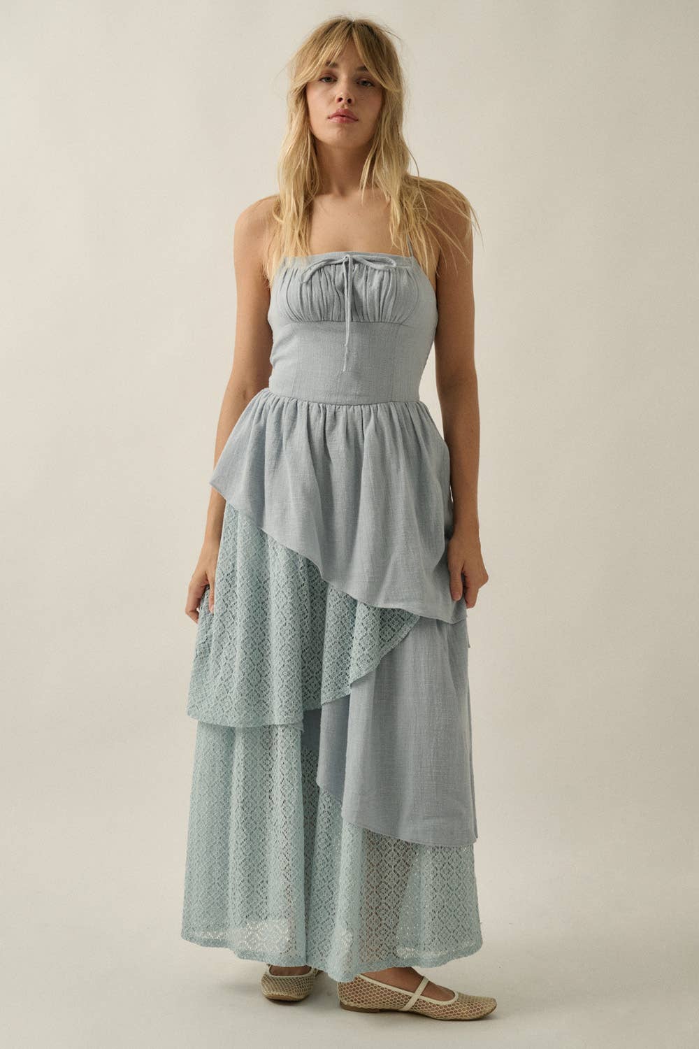 Cotton Gauze and Lace Asymmetrical Tiered Halter Maxi Dress