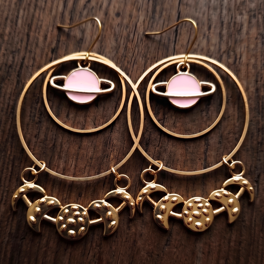 Celestial Saturn & Moon Phase Hoop Earrings – Gold Plated Boho Statement Jewelry
