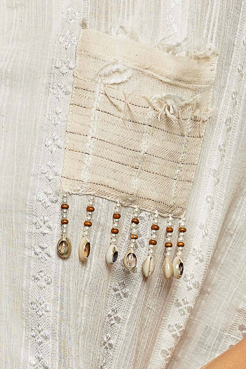 Boho Woven Texture Fringe Shell Beads Short Shirt Top