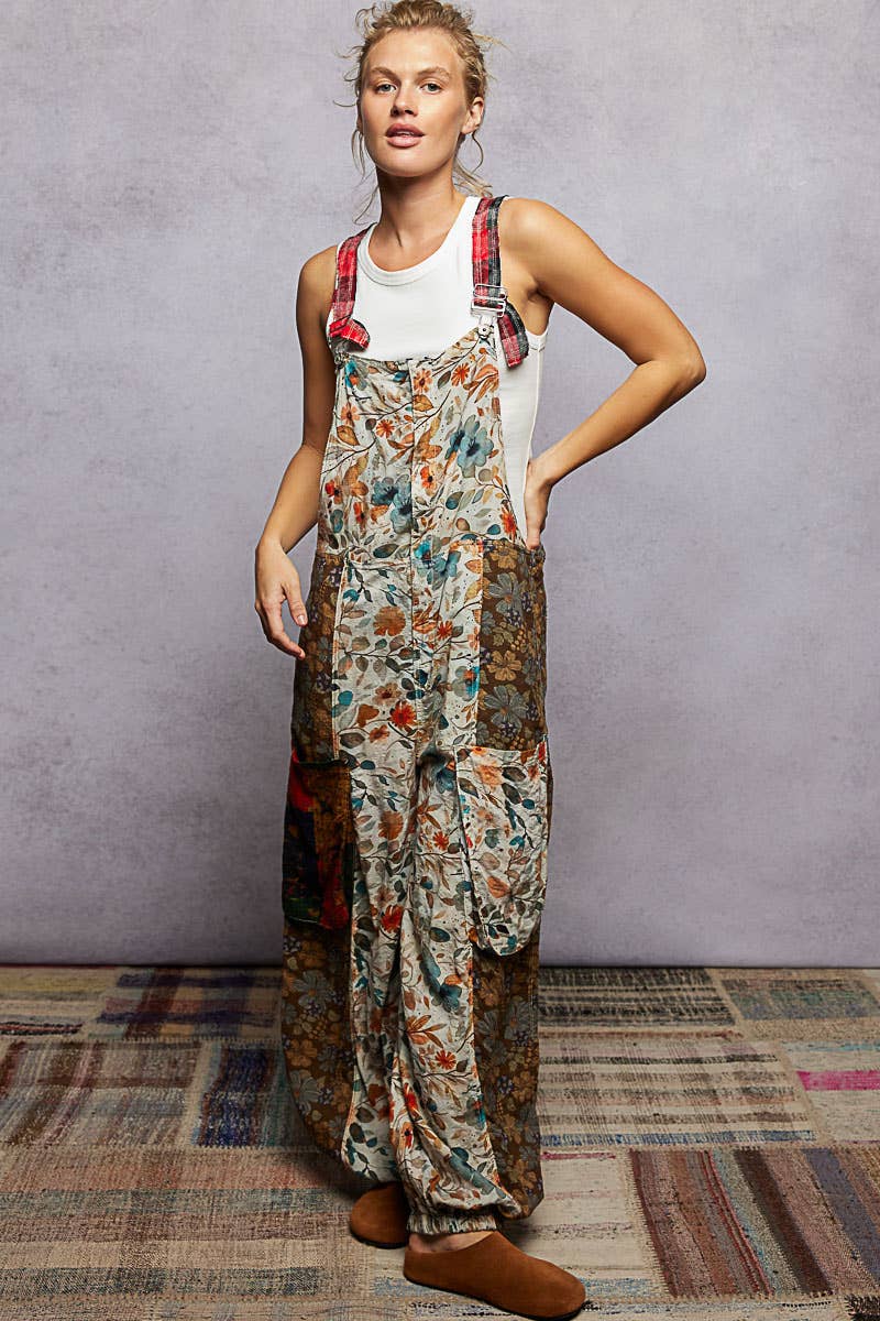 Boho Exaggerated Pocket Vintage Print Jogger Fit Overalls