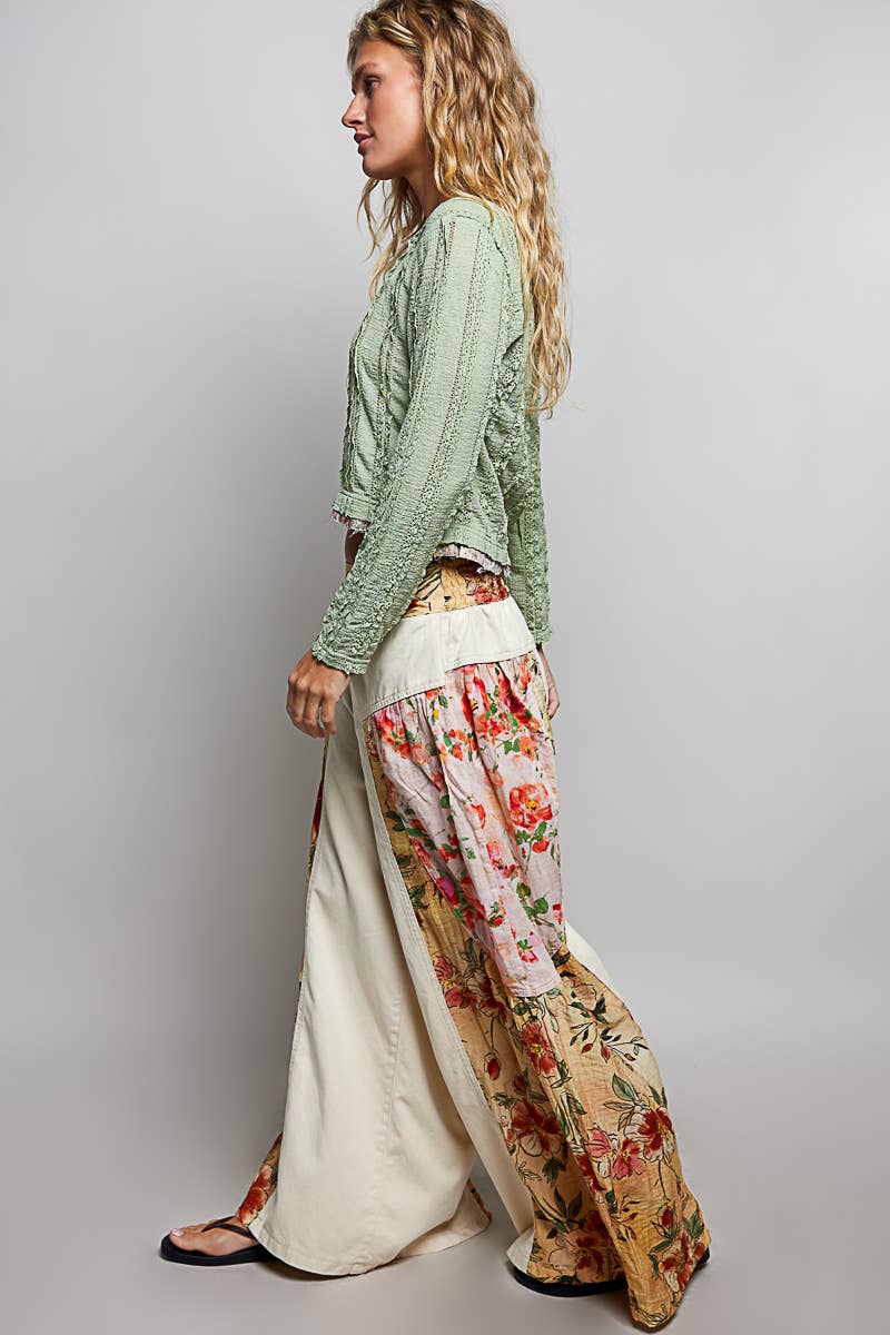 Vintage Washing Floral High Rise Wide Leg Twill Pants