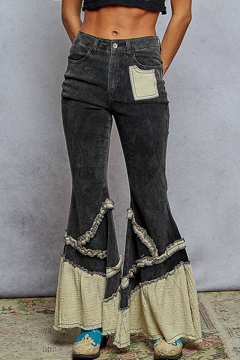 Vintage Washing Solid Double Gauze Ruffle Twill Pants