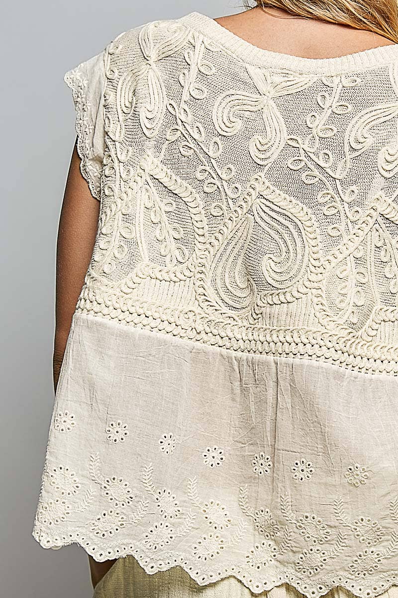 Round Neck Sleeveless Zigzag Border Detail Crochet Top