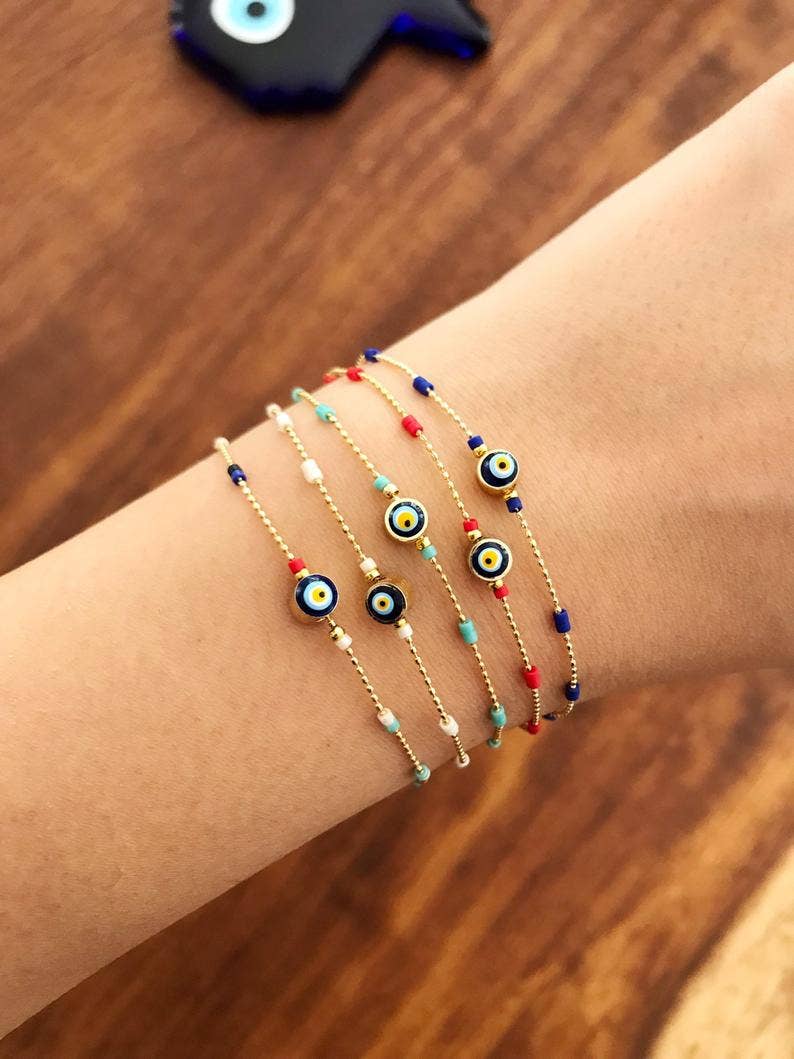 Evil Eye Chain Bracelet, Seed Beads Bracelet, Evil Eye Jewelry