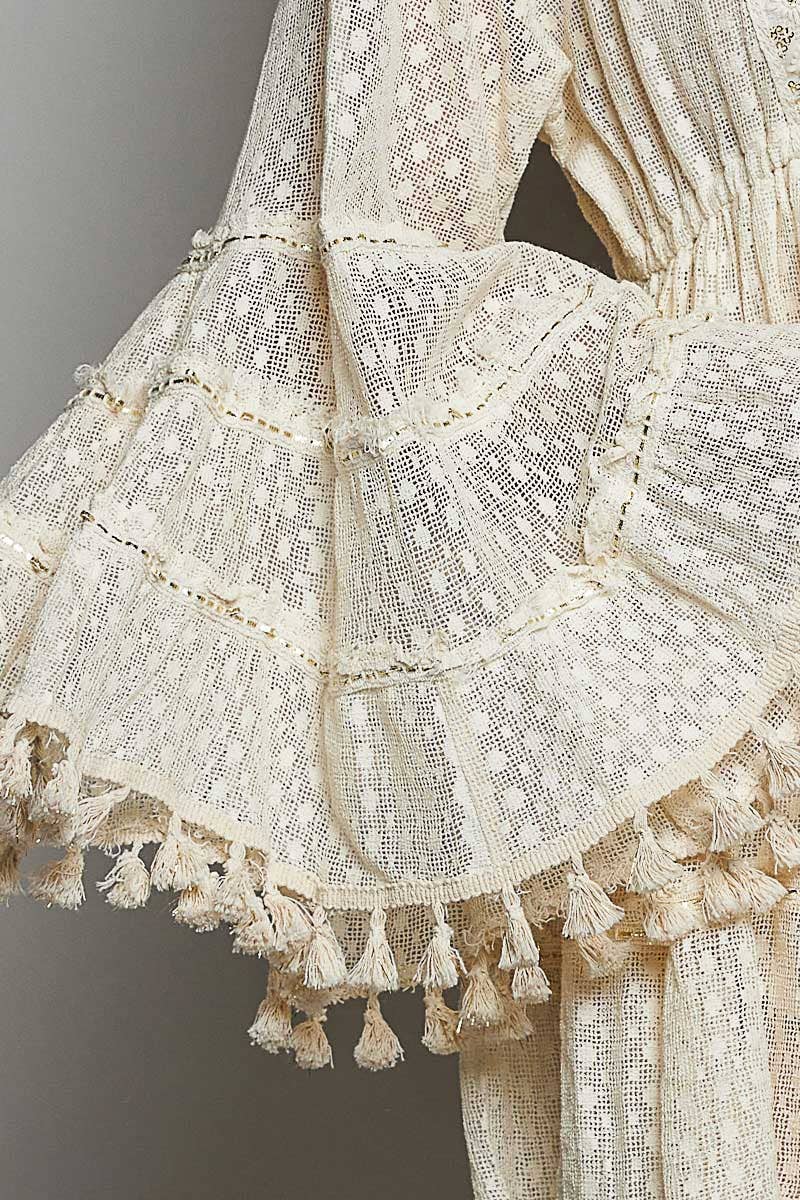 Split Embroidery Tassel Detail V-Neck Flared Short Dress