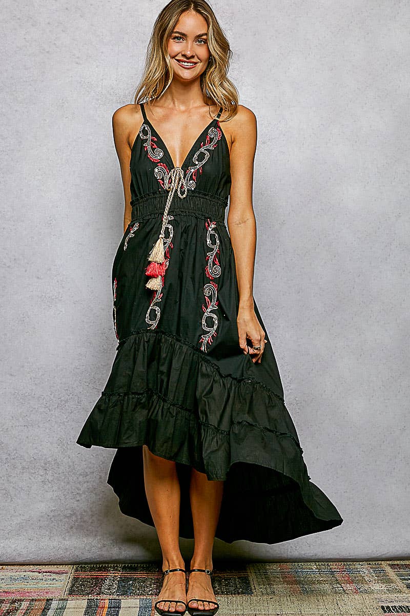 V-Neck Sleeveless Embroidery Tiered Cotton Dress