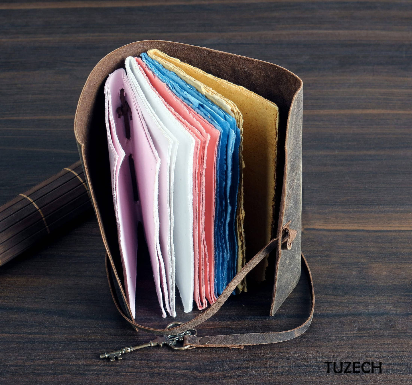 Tuzech Leather Journal for Women Men Gift With Deckle Edge Paper , Leather Scrapbook, Book of Shadows, Vintage Journal, Old Books, Grimoire, Antique Drawing Sketchbook Colourful Paper 7 by 5 Inches