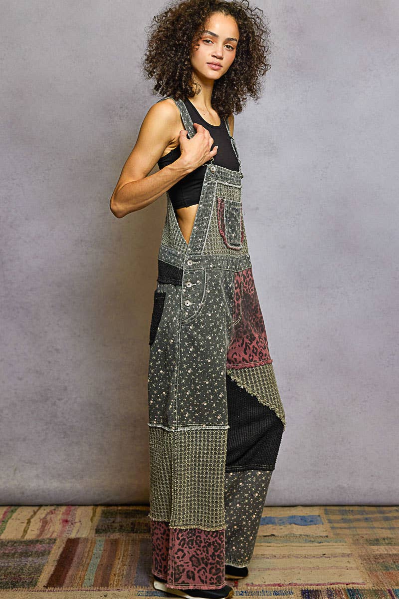 Overalls Animal/Floral Printed Frayed Edge Twill Woven overalls: DENIM S - L