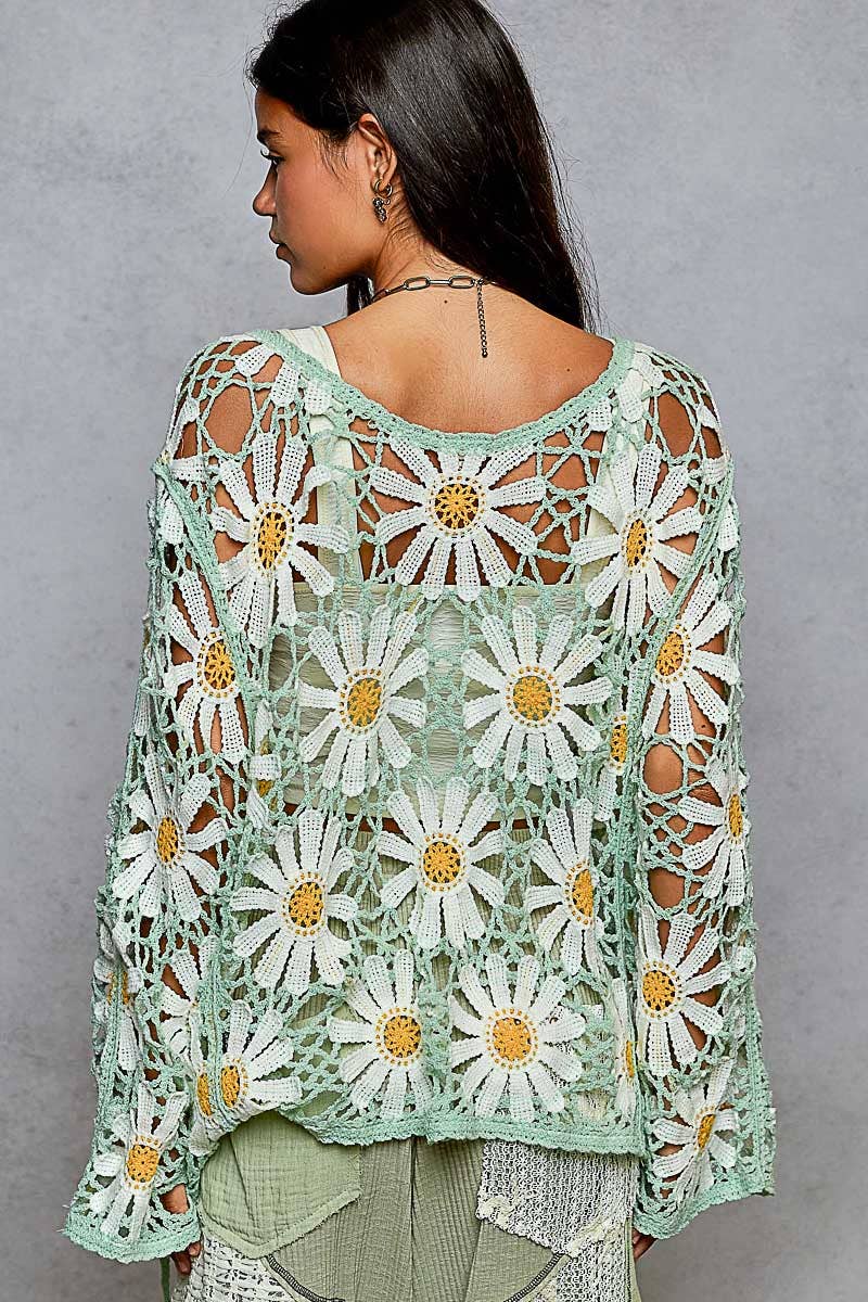 Long sleeve V neck crochet knit open cardigan