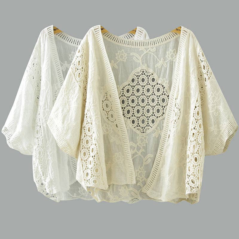 Crosa - Lace Open Front Cardigan with Batwing Sleeves: BEIGE / AVERAGE