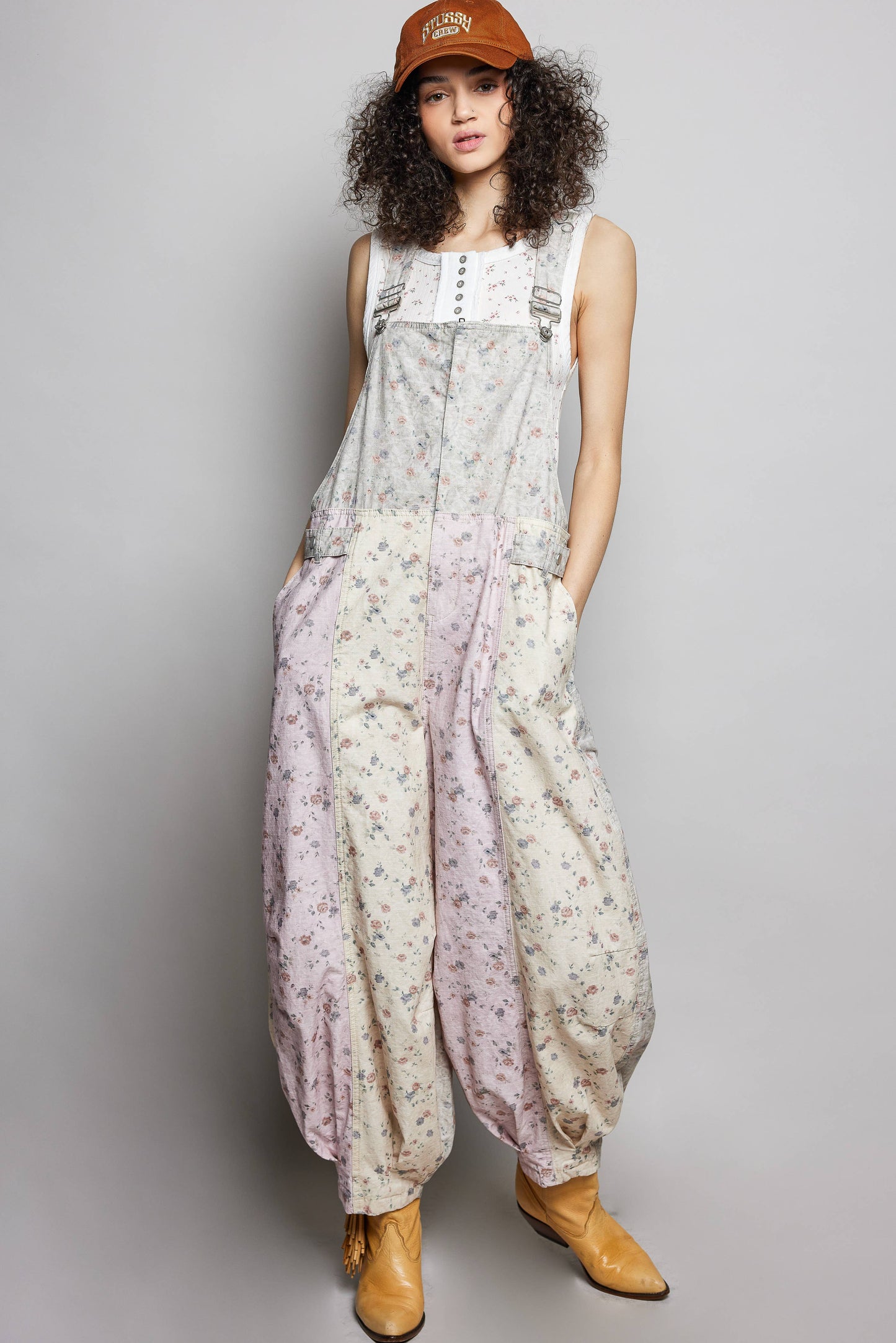 Boho Floral Print Lace Trim Woven Front Zip Overall