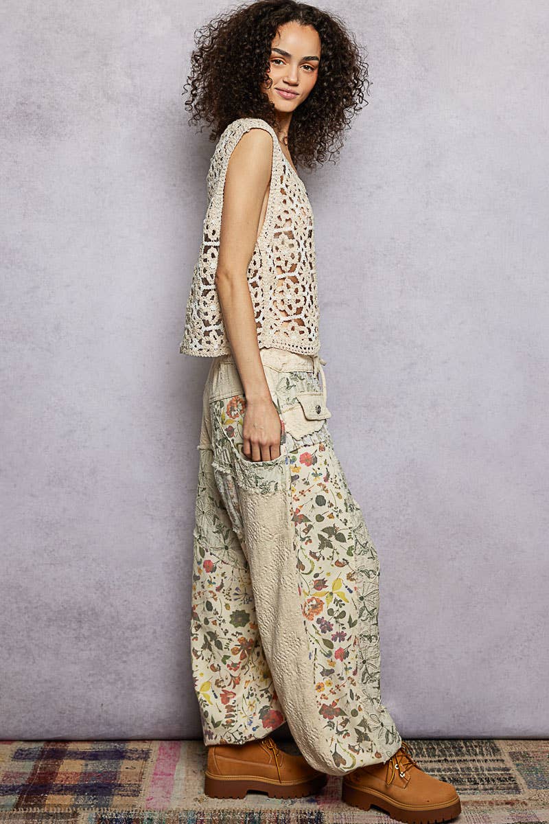 Jacquard Floral Twill Patch Waist Loop Jogger Pants