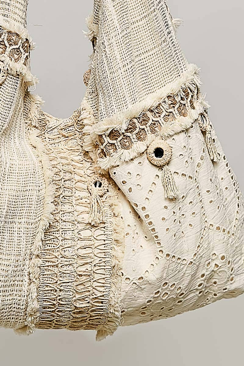 Mirror Dangle Tassel Lace Patched Hobo Bag
