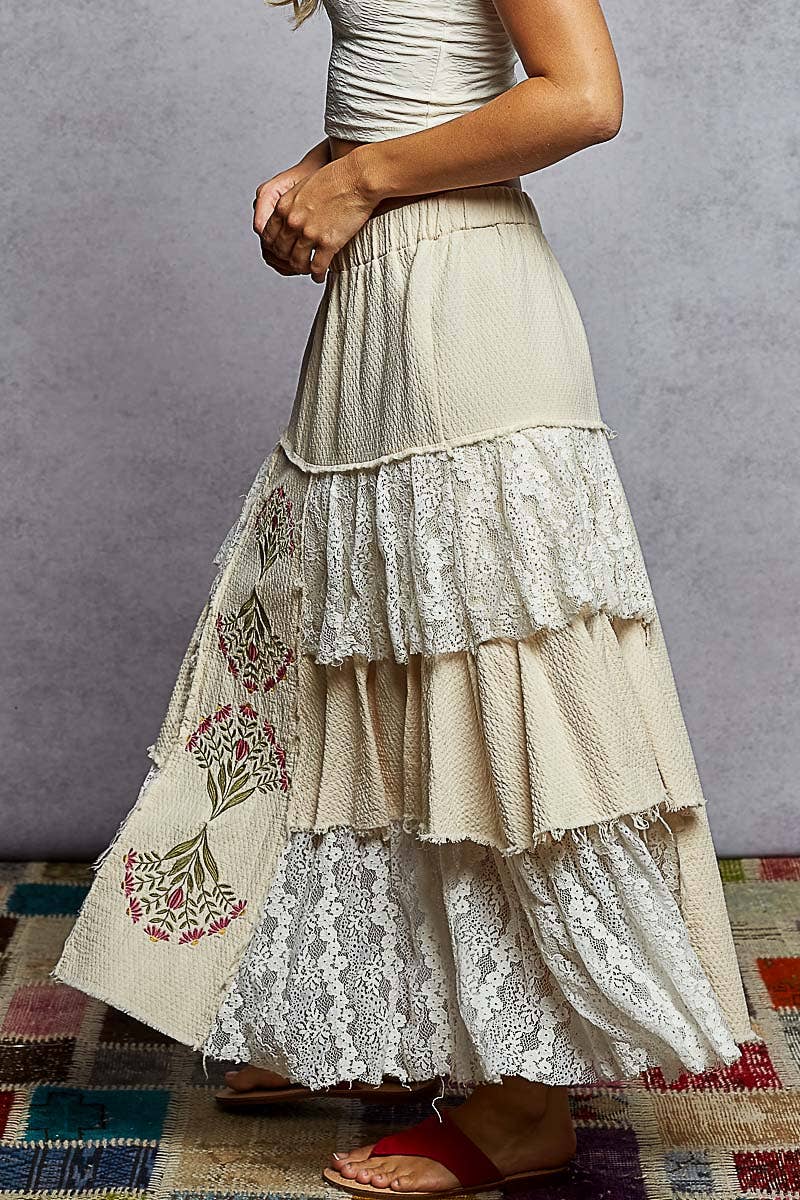 Vintage Double Gauze Lace Ruffle Floral Skirts: Natural, Latte