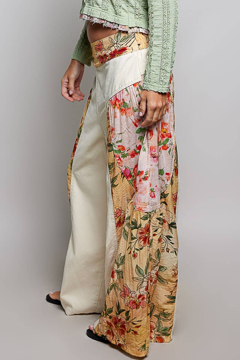 Vintage Washing Floral High Rise Wide Leg Twill Pants