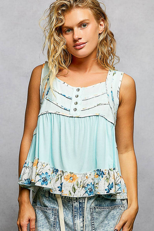 Square Neck Soft POL Jersey Floral Trim Boho Tank Top