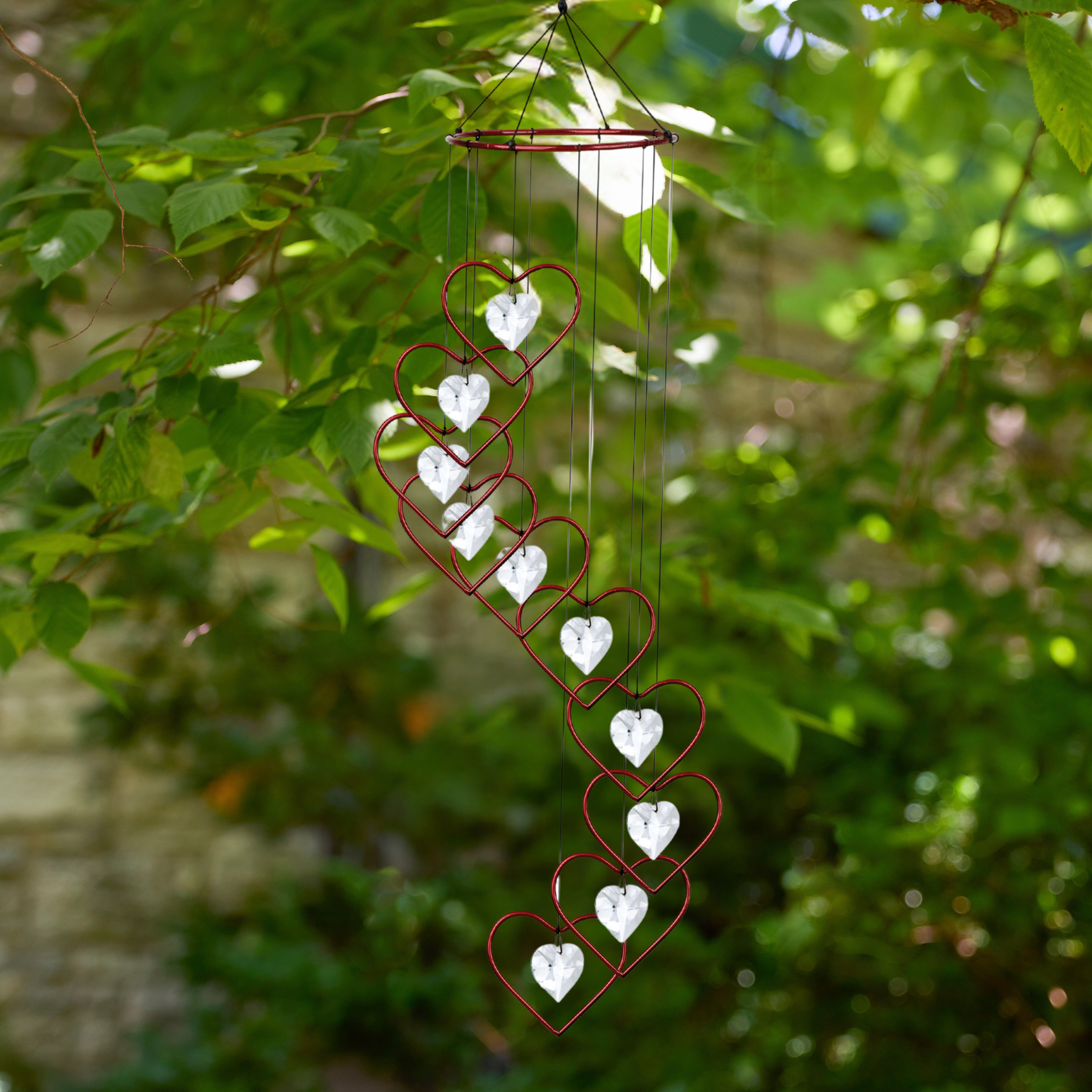 Red Crystal Heart Spiral Suncatcher Wind Chime - 36"