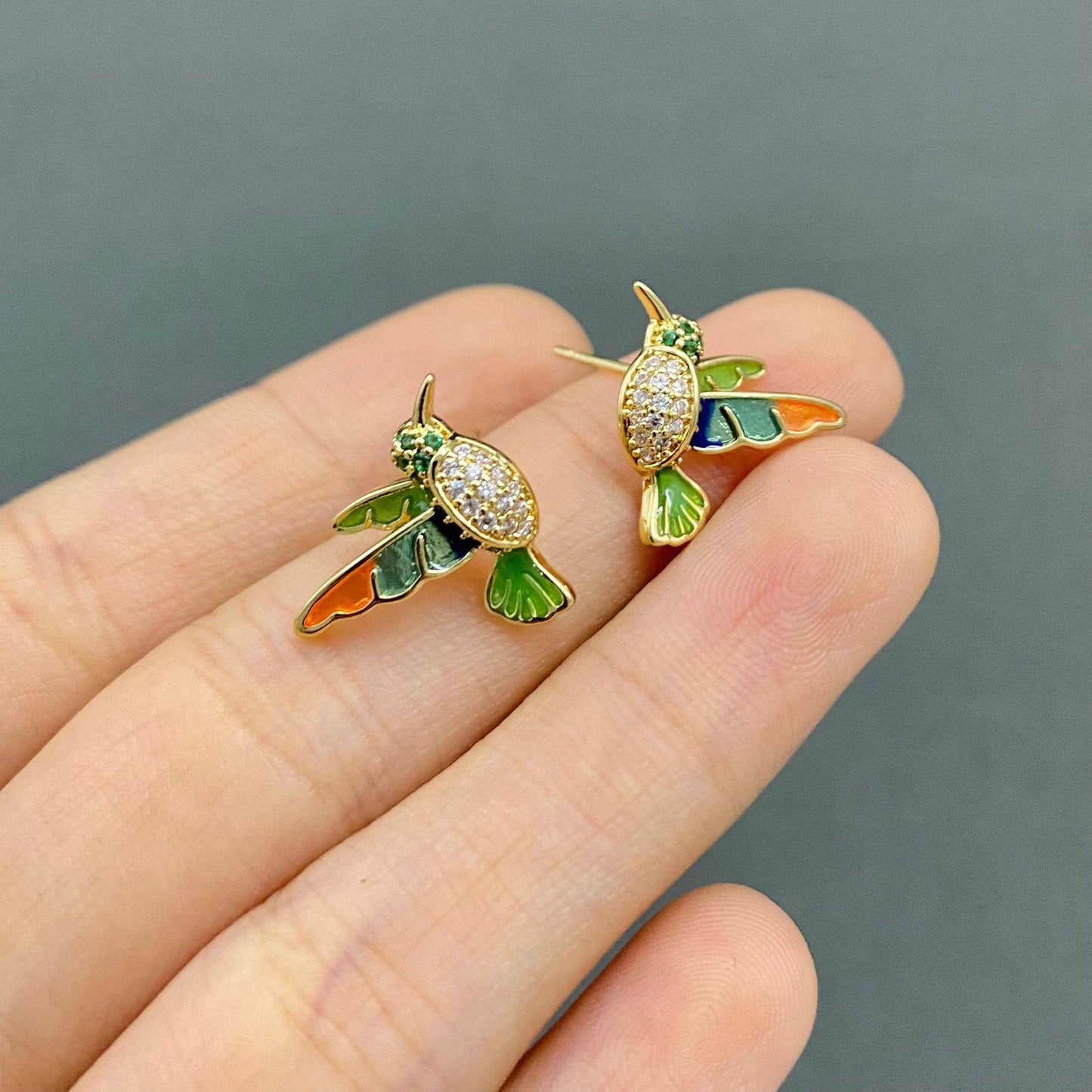 Rhinestone Enamel Hummingbird Ear Studs