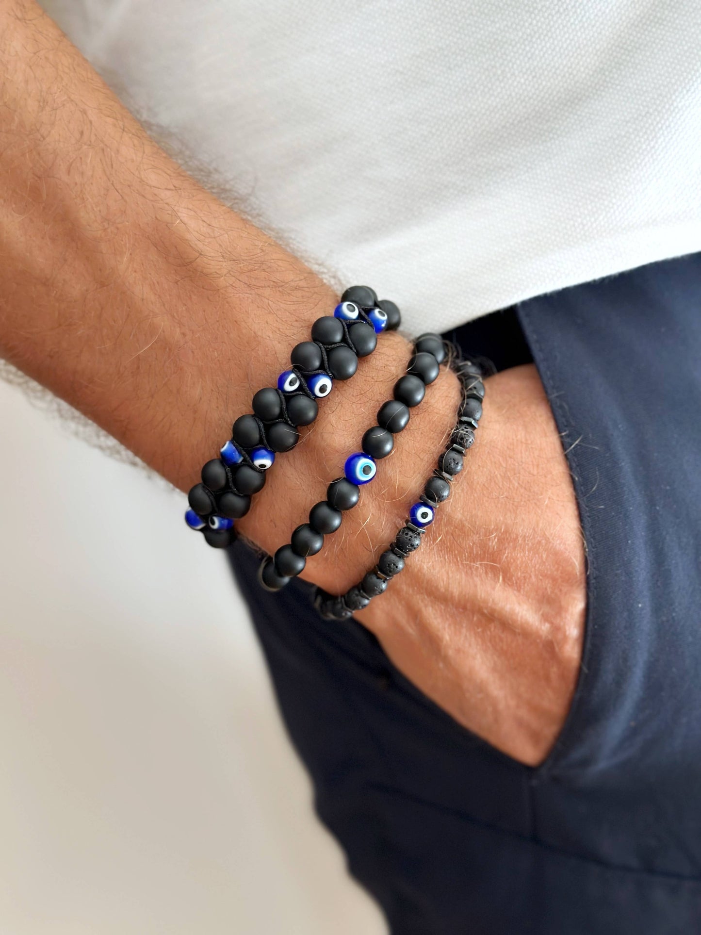 Onyx Bracelet with Evil Eye, Men Bracelet: Style 1