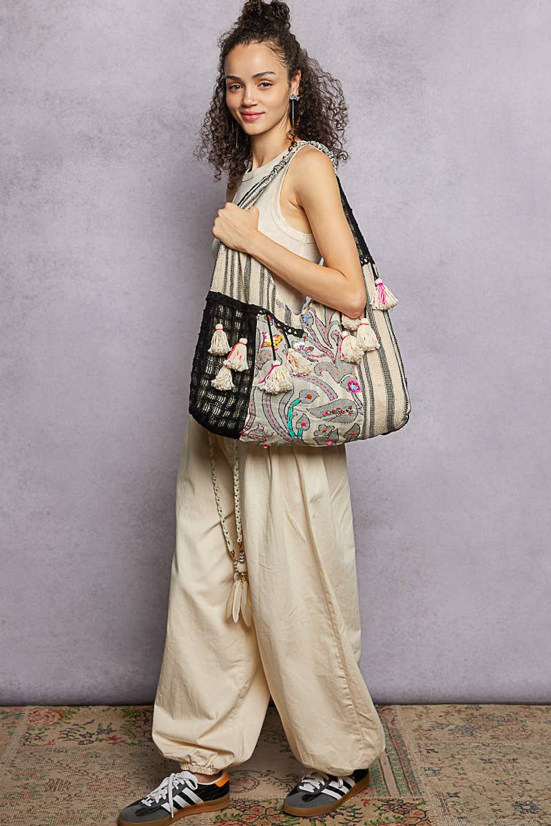 Roomy Fit Patchwork Tassel Black Hobo Bag